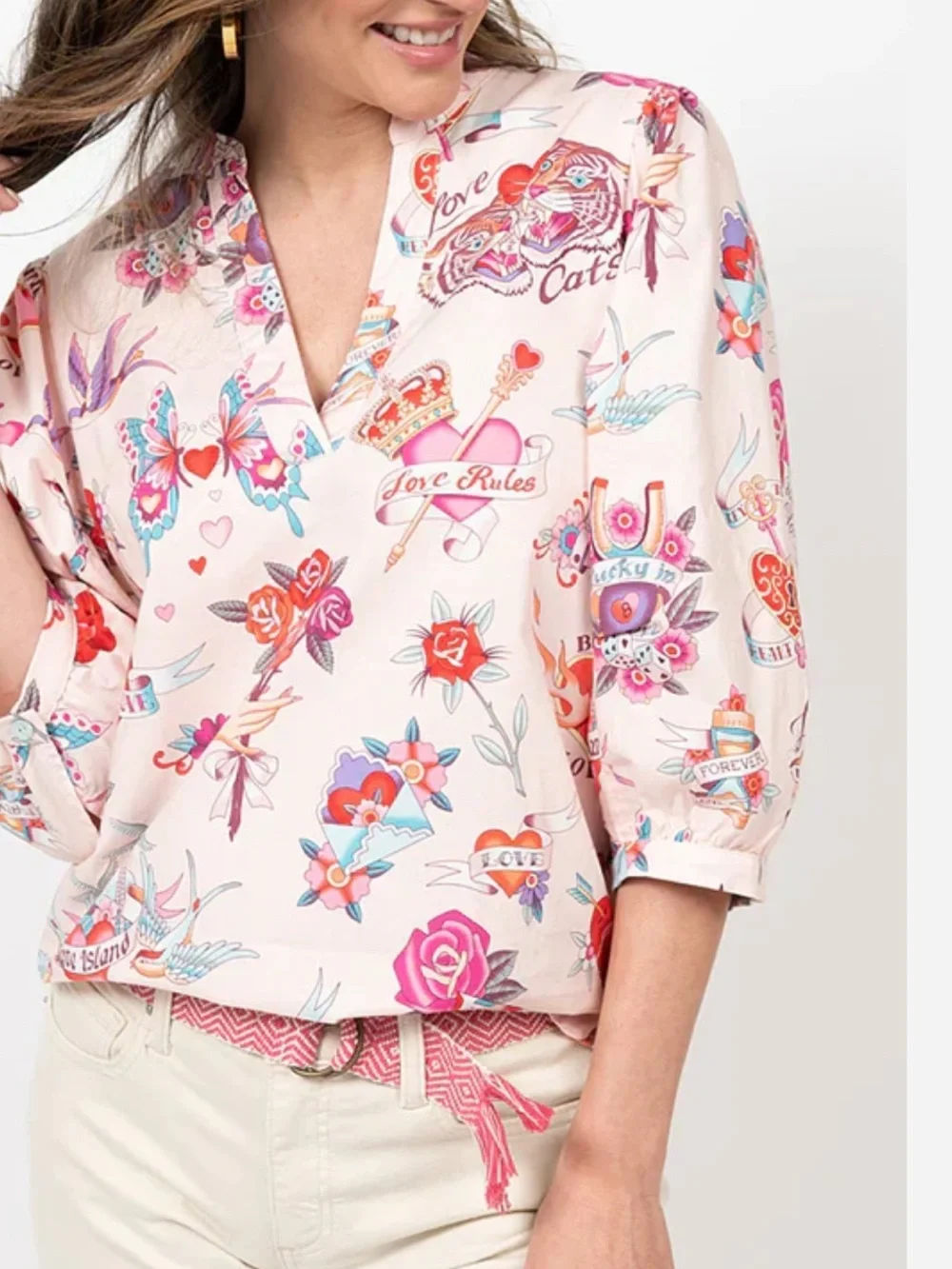 Ivy Jane True Love Top Women’s Small Tattoo Hearts Floral Shirt Blouse USA I_11